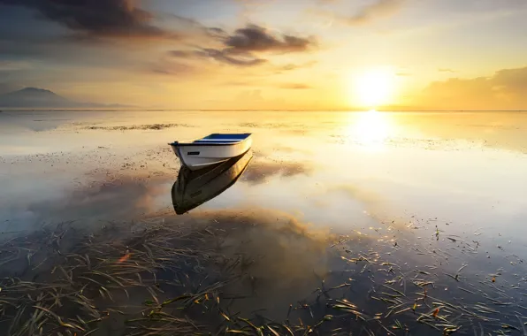Landscape, sunset, lake, boat