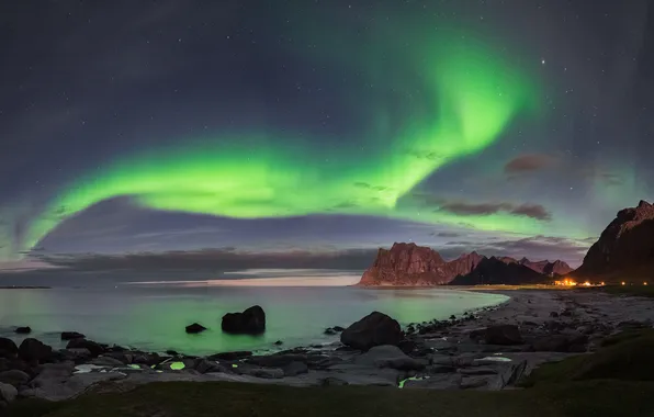 The sky, stars, clouds, mountains, night, lights, lake, stones