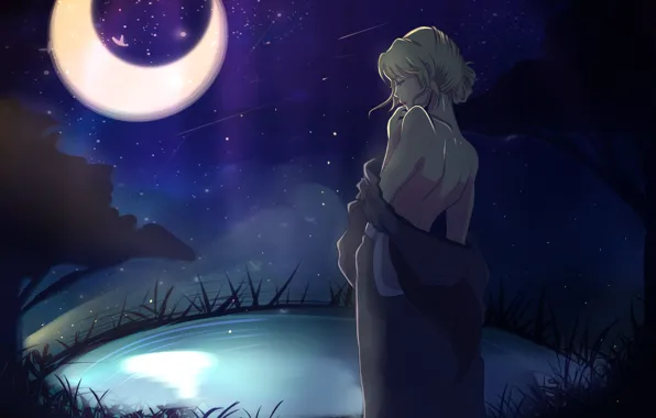 The sky, girl, stars, night, the moon, back, anime, Shiori