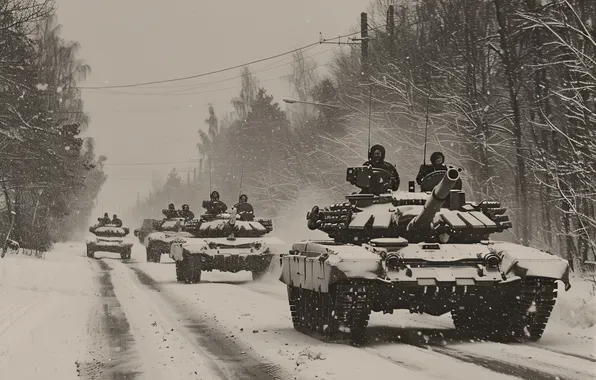 Winter, Road, Trees, Snow, Retro, Tanks, Digital art, Black and white