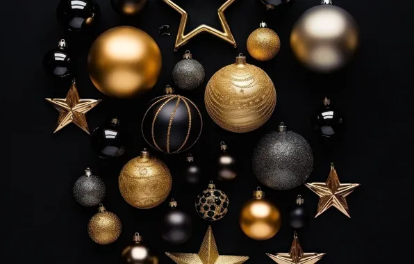 Stars, balls, the dark background, Christmas, New year, black background, gold plated, stars