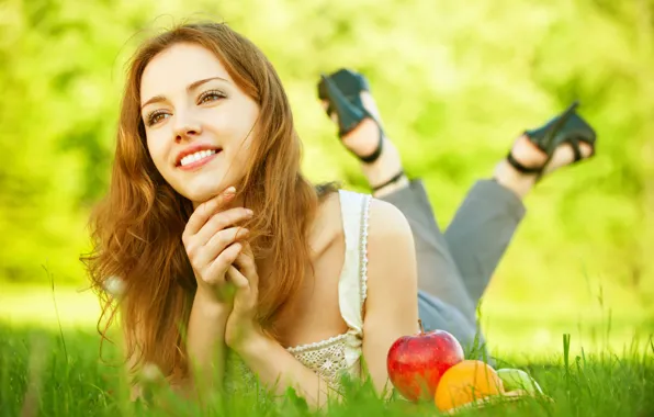 Picture look, girl, nature, smile, fruit, weed, basket