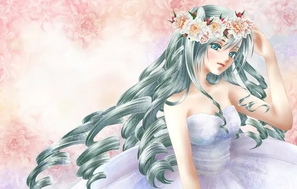 Picture girl, flowers, background, dress, vocaloid, hatsune miku, wreath