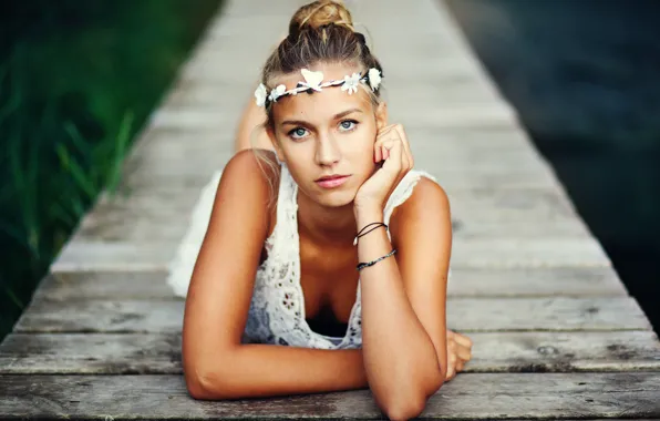 Eyes, lake, blonde, wood, eyes, lake, wood, blonde