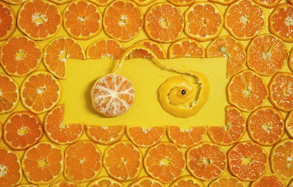 Fruit, yellow background, a lot, slices, peel, composition, tangerines, peeled tangerine