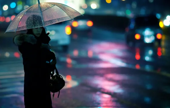 Girl, the city, the evening, umbrella
