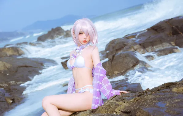 Wave, boulder, short hairstyle, girl posing, Guobaa