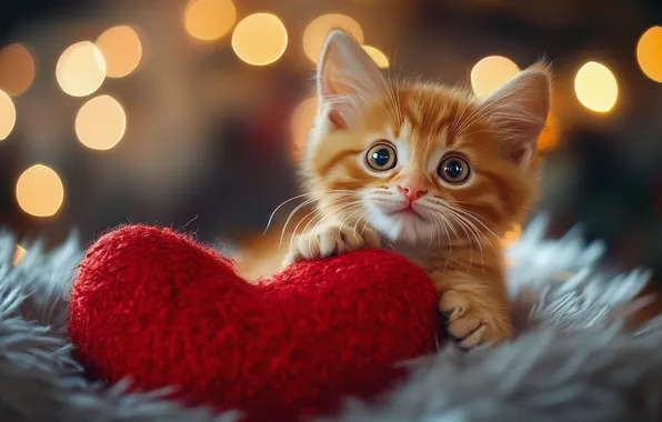 Cat, look, pose, kitty, heart, red, face, heart