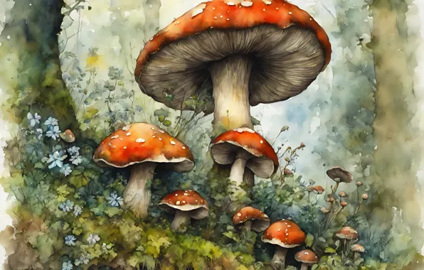 Forest, nature, mushrooms, Amanita, painting, imitation painting, AI art, neural network