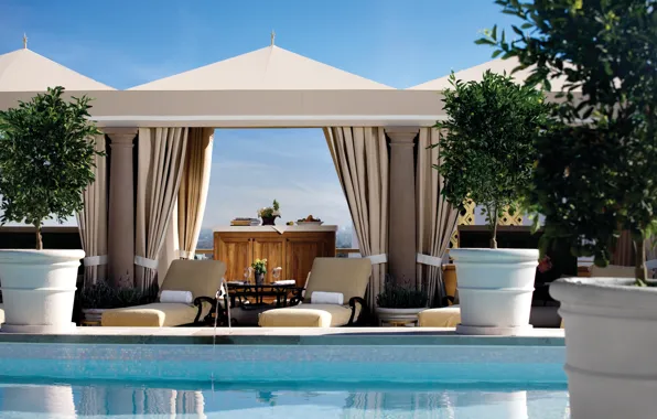 Picture trees, design, interior, pool, sun loungers, tables, exterior, gazebo