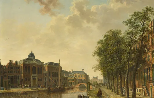 Trees, oil, picture, the urban landscape, Hendrik Keun, View of the Timber Market in Amsterdam