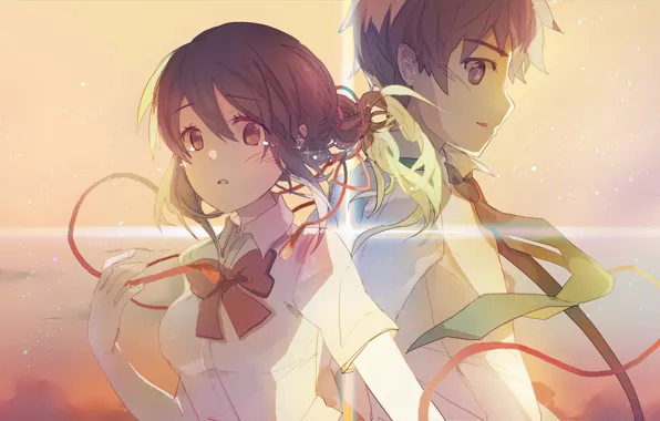 The sky, the wind, tie, two, red thread, students, Kimi no VA On, Miyamizu Mitsuha