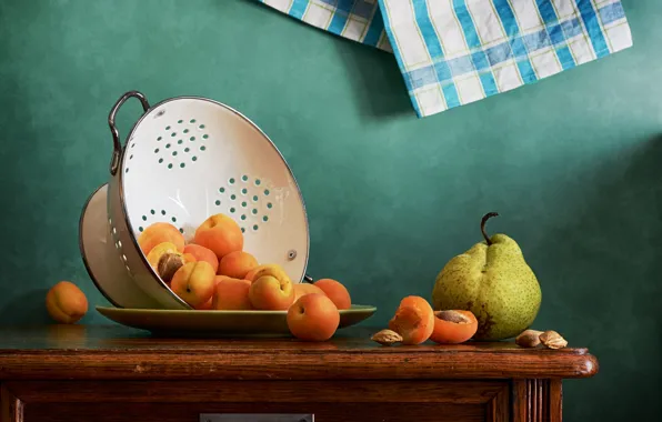 Table, towel, bone, plate, pear, fruit, still life, apricots