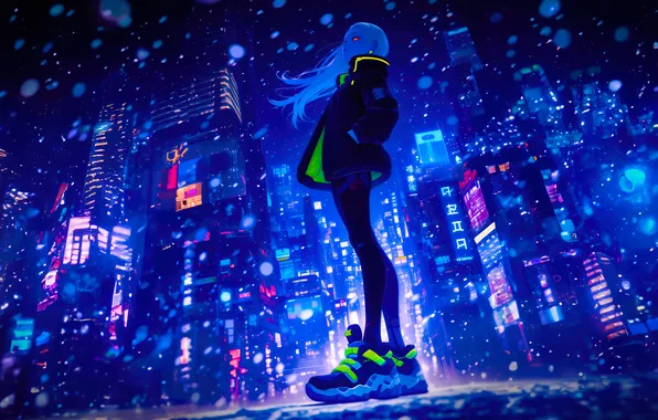 Girl, blue, blue, skyscrapers, anime, Girl, Blizzard, snowfall