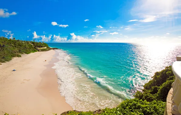 Picture sand, wave, beach, the sky, the sun, clouds, trees, landscape