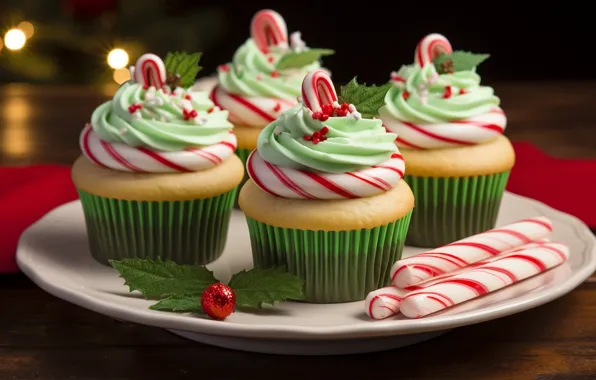 Balls, strips, plate, Christmas, candy, New year, cream, dessert