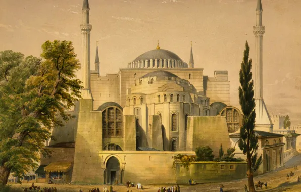 Trees, the city, picture, mosque, Istanbul, Turkey, the minaret, Hagia Sophia
