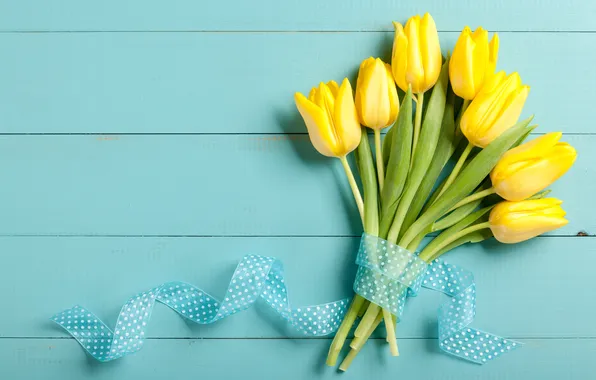 Flowers, bouquet, tape, tulips, yellow, wood, flowers, blue background