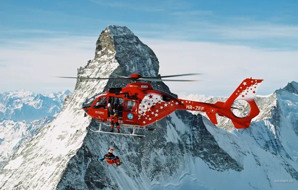Mountains, red, rescuers, Helicopter