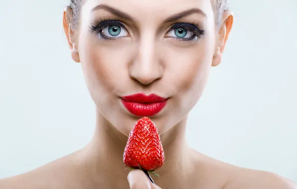 Eyes, girl, face, eyelashes, background, strawberry, lips
