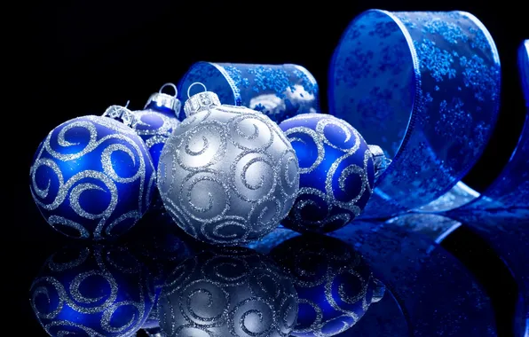 Decoration, blue, reflection, balls, silver, Christmas, ribbon with snowflakes