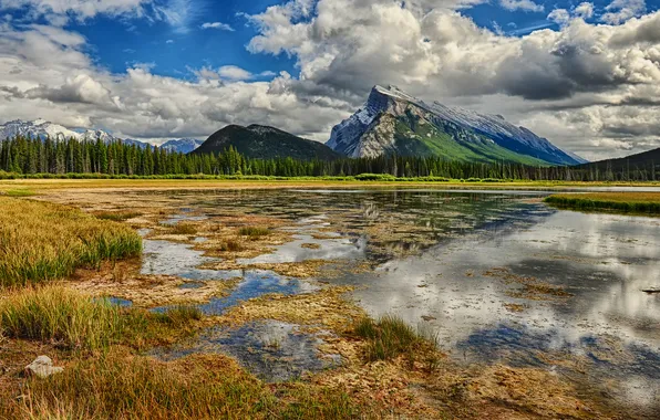 Grass, clouds, mountains, lake, reflection, swamp