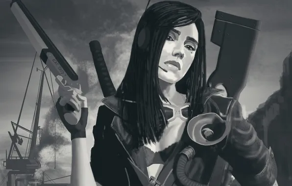 Look, girl, sword, katana, cartridges, art, bleed, shotgun