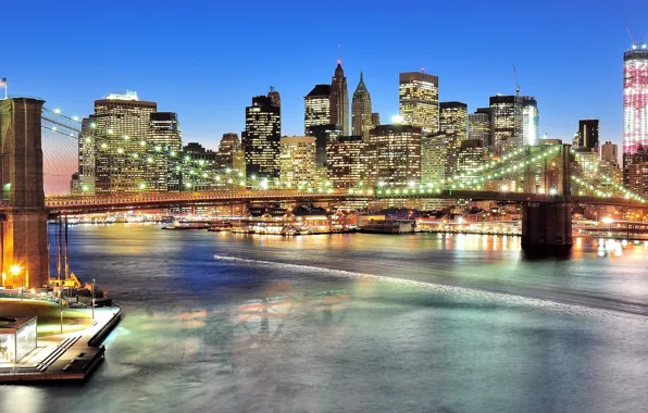 Picture New York, panorama, Brooklyn bridge, night city, Manhattan, New York City, Brooklyn Bridge, East River