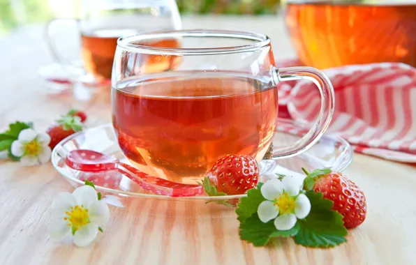 Leaves, flowers, berries, table, tea, strawberries, strawberry, spoon