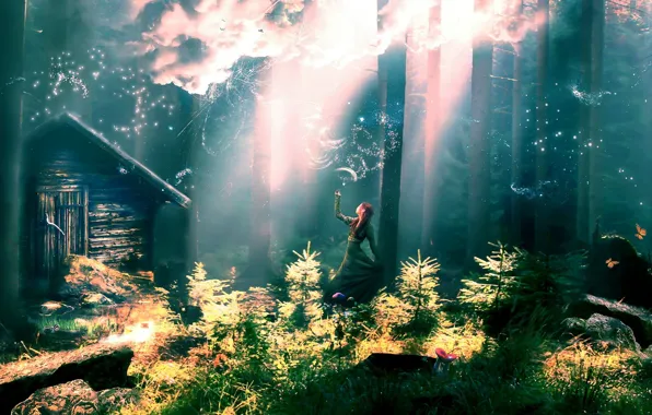 Forest, girl, butterfly, mushrooms, tree, hut