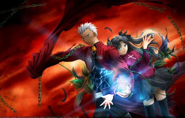 Flower, girl, stones, magic, guy, two, Rin, Tohsaka Rin