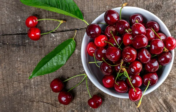 Picture leaves, cherry, berries, Board, Shine, food, Cup, red
