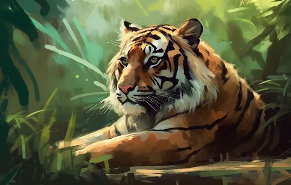 Look, face, nature, tiger, lies, painting, strokes, imitation painting