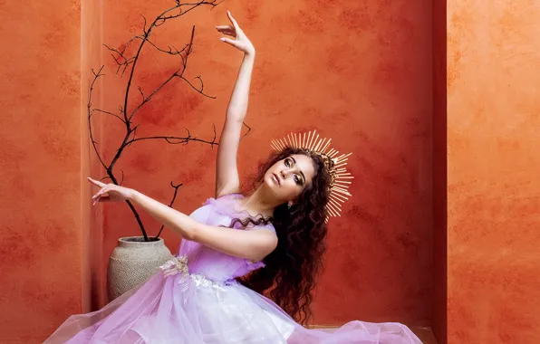 Look, girl, branches, pose, style, wall, dance, crown