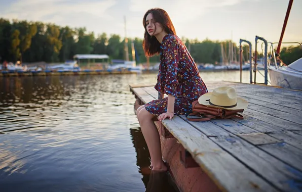 Picture girl, pose, river, hat, pier, dress, Sergey Fat, Sergey Zhirnov