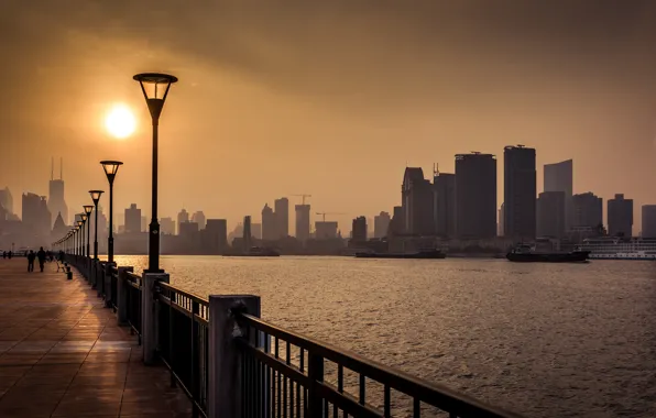 Picture the sun, river, China, skyscrapers, lights, China, Asia, Shanghai