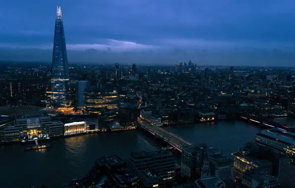 The sky, lights, river, London, Night, horizon, Thames, bridges