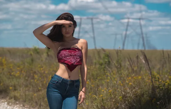 Picture long hair, model, women, jeans, brunette, belly, standing, painted nails