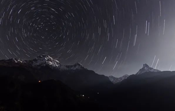 Stars, night, excerpt, Annapurna, the Himalayas, Nepal