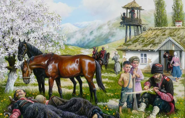 Picture children, spring, art, Cossacks, Andrey Lyakh, the village