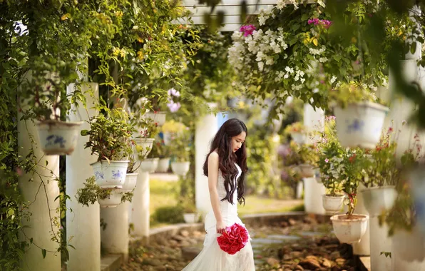 Summer, girl, flowers, garden, Asian