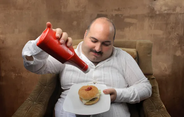 Plate, man, sofa, armchair, shirt, dish, Ketchup, Hamburger