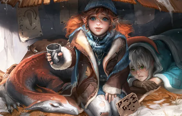 Dragon, boy, girl, elf