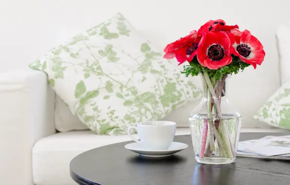 Flowers, red, table, sofa, pillow, Cup, vase, anemones