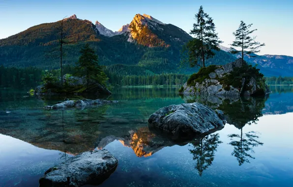 Forest, trees, mountains, river, stones, Germany, Bayern, Berchtesgaden