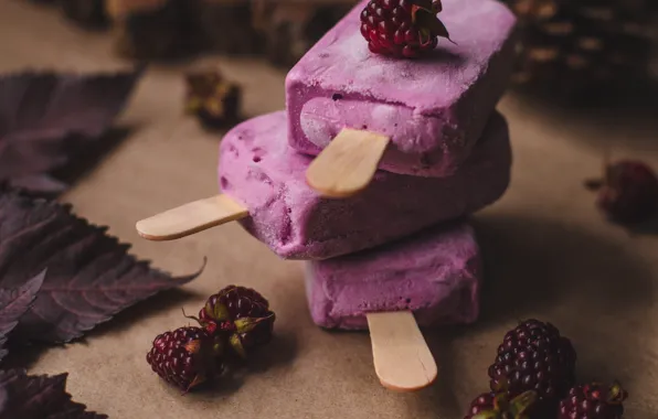 Leaves, berries, table, pink, ice cream, Popsicle, BlackBerry, on a stick