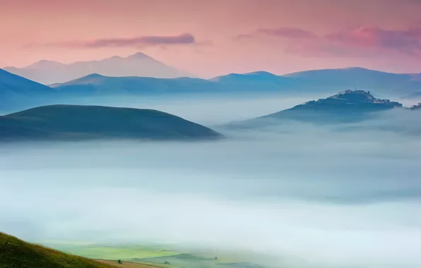 The sky, fog, house, morning, valley, Italy, estate, Umbria