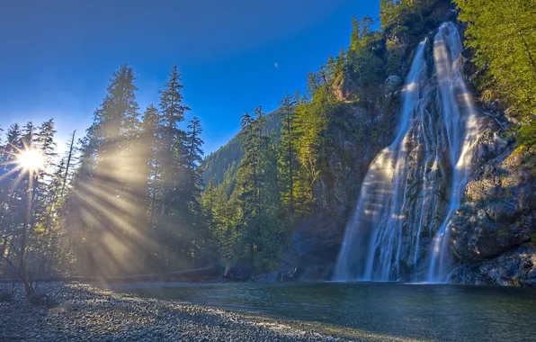 Picture forest, the sun, nature, river, waterfall, Canada