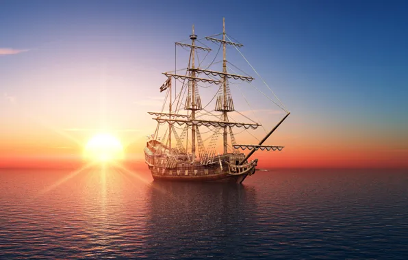 Sea, sunset, photo, dawn, ship, sailboat, 3D graphics