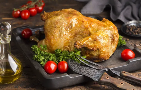 Greens, chicken, knife, tomatoes, carcass